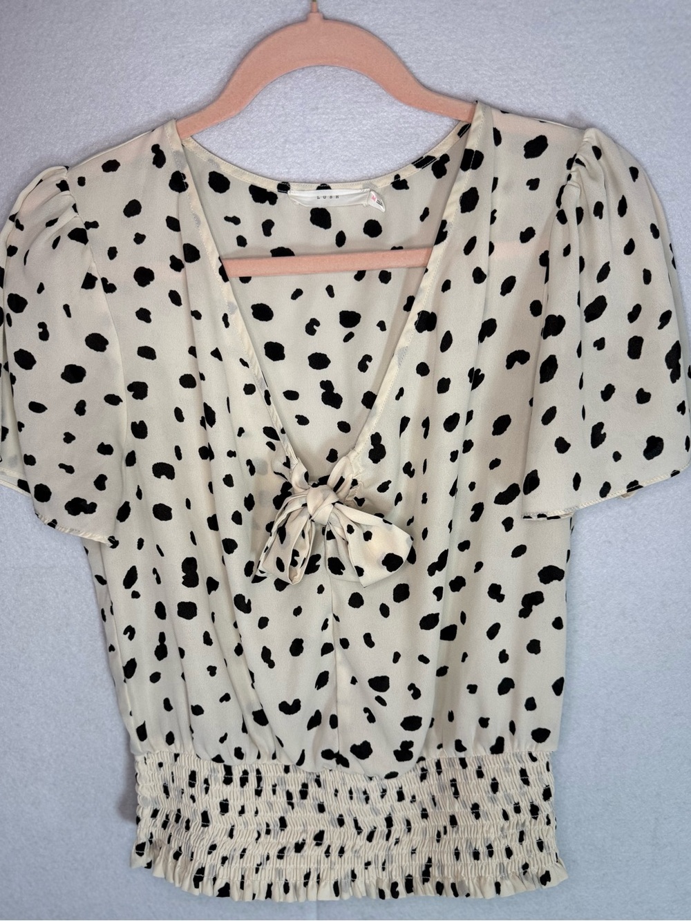 Lush - Cream and Black Spot Tie-Front Puff Sleeve Blouse - Size M